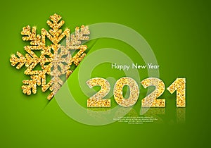 Golden numbers 2021 with reflection and shadow on green background. Holiday gift card Happy New Year with shining