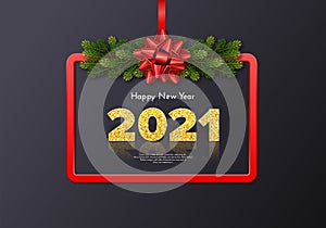 Golden numbers 2021 with reflection and shadow on grey background. Holiday gift card Happy New Year with fir tree