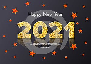 Golden numbers 2021 with reflection and shadow on grey background. Holiday gift card Happy New Year with red stars
