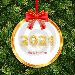 Golden numbers 2021 with reflection and shadow. Holiday gift card Happy New Year with red bow, gold frame and fir tree