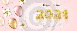 Golden numbers 2021 with reflection and shadow on light pink background. Holiday card Happy New Year with shining