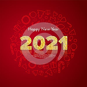 Golden numbers 2021 with reflection and shadow on red background. Holiday gift card Happy New Year with traditional