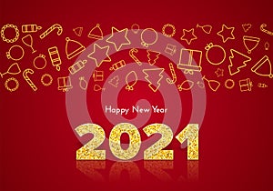 Golden numbers 2021 with reflection and shadow on red background. Holiday gift card Happy New Year with traditional