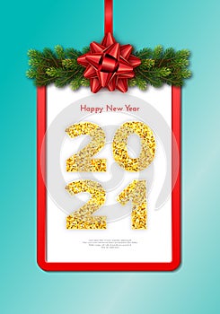 Golden numbers 2021 with reflection and shadow on turquoise background. Holiday gift card Happy New Year with fir tree