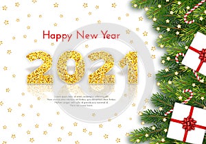 Golden numbers 2021 with reflection and shadow on white background. Holiday card Happy New Year with fir tree branches