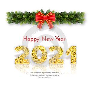 Golden numbers 2021 with reflection and shadow on white background. Holiday gift card Happy New Year with fir tree