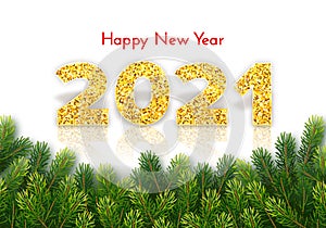 Golden numbers 2021 with reflection and shadow on white background. Holiday gift card Happy New Year with fir tree