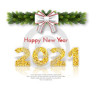 Golden numbers 2021 with reflection and shadow on white background. Holiday gift card Happy New Year with fir tree