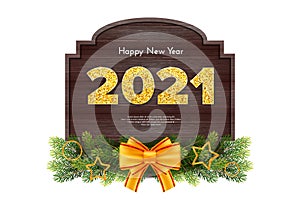 Golden numbers 2021 with reflection and shadow on wood background. Holiday gift card Happy New Year with fir tree