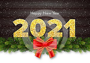 Golden numbers 2021 on wood background. Fir tree branches garland and red bow. Holiday gift card Happy New Year. Vector