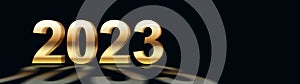 Golden numbers 2023 on a black background. Festive contrast banner for the New Year.