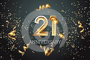 Golden numbers, 21 years anniversary, adulthood on a dark background and confetti. celebration template, flyer. 3D illustration,
