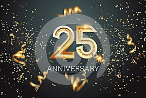 Golden numbers, 25 years anniversary celebration on dark background and confetti. celebration template, flyer. 3D illustration, 3D