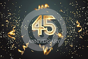 Golden numbers, 45 years anniversary celebration on dark background and confetti. celebration template, flyer. 3D illustration, 3D