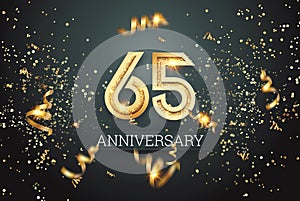 Golden numbers, 65 years anniversary celebration on dark background and confetti. celebration template, flyer. 3D illustration, 3D