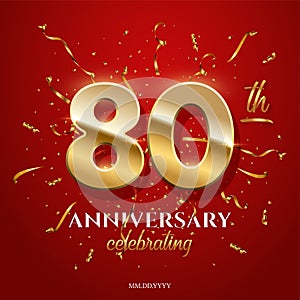 80 golden numbers and Anniversary Celebrating text with golden serpentine and confetti on red background. Vector photo