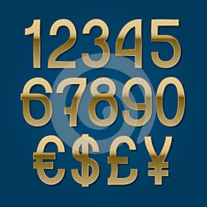Golden numbers with currency signs of American dollar, euro, British pound, Japanese yen. Vector symbols