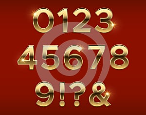 Golden numbers. Gold 3d figures, stylish celebrating font. Anniversary metal elements vector set