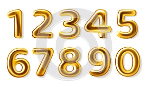 Golden numbers. Realistic metal plump numerals from zero to nine, glossy metallic luxury party decor, 3d roundish shapes
