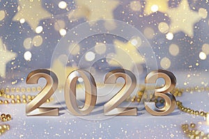 Golden numbers of year 2023. Glowing festive garland with bokeh on light background.