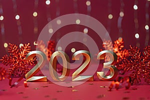 Golden numbers of year 2023. Glowing festive garland with bokeh on red background.