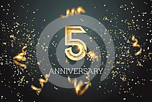 Golden numbers, 5 years anniversary celebration on dark background and confetti. celebration template, flyer. 3D illustration, 3D