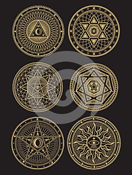 Golden occult, mystic, spiritual, esoteric vector symbols