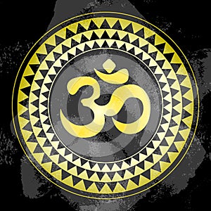 Golden Ohm symbol, indian Diwali spiritual sign Om over ethnic round pattern. Oriental vector religious symbol. India, Thai, Asia.