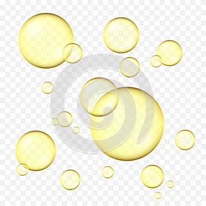 Golden oil bubbles isolated on transparent background, vector