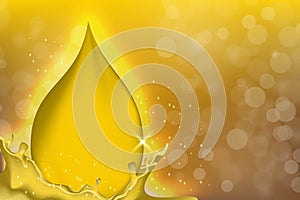 Golden Oil Drops on Yellow Background with Shining Rays. Collagen Essence or Gold Serum Droplets. Vector Illustration.