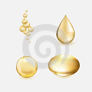 Golden oil essence collection in realistic style with shadows and glares. Gold olive bubbles, drop and pill in isolated on
