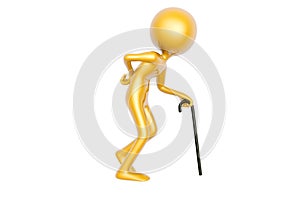 Golden old guy with walking stick isolated on white background
