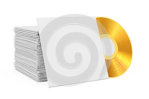 Golden Old Vinyl Record Disk in Blank Paper Case with Free Space for Your Design near Stack of Record Disk. 3d Rendering