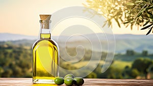 Golden Olive Oil Bottle on Wooden Table Amidst Olive Trees at Sunset