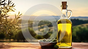 Golden Olive Oil Bottle on Wooden Table Amidst Olive Trees at Sunset