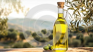 Golden Olive Oil Bottle on Wooden Table Amidst Olive Trees at Sunset