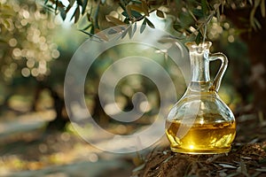 Golden olive oil in glass jug amidst sunlit grove. Mediterranean healthy food