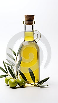 Golden olive oil in transparent bottle with green olives and leaves, against clean white backdrop