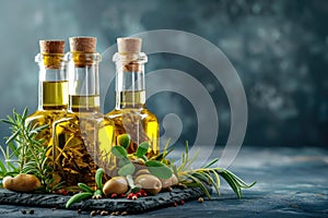 Golden olive oil and vinegar bottles with thyme and aromatic herbs leaves
