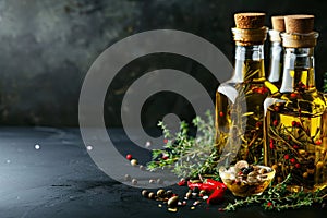 Golden olive oil and vinegar bottles with thyme and aromatic herbs leaves