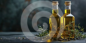 Golden olive oil and vinegar bottles with thyme and aromatic herbs leaves