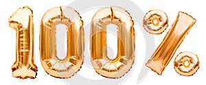 Golden one hundred percent sign made of inflatable balloons isolated on white. Helium balloons, gold foil numbers. Sale