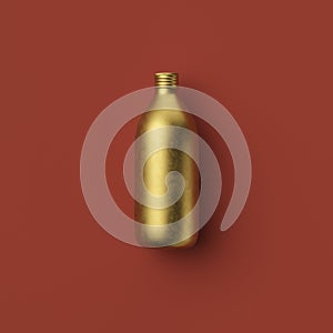 Golden opaque bottle or flask on a red background, 3D rendering