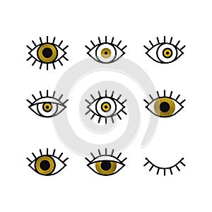Golden open and closed eyes line icons set. Look, see, sight, view sign and symbol. Vector linear graphic element