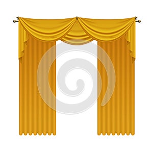 Golden open luxury curtains with vintage silk drapery, 3D gold fabric cloth texture with drape for show or event