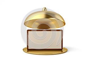 Golden opened cloche with wooden board isolated on white background 3D illustration.