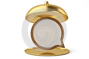 Golden opened cloche with wooden board isolated on white background 3D illustration.