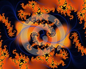 Golden orange blue bright shapes, baroque fantasy fractal, abstract flowery spiral shapes, background
