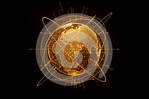 Golden, orange hologram of the planet earth made of dots isolated on a black background. Globalization, network, fast internet.