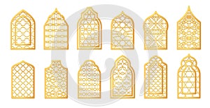 Golden ornament arabic windows. Decorative arabian window with arabesque ornamental patterns, islamic gate indian door